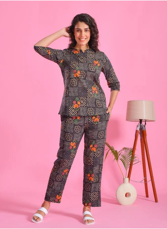sanskrutihomes Pure Cotton Printed Notch Neck Top and Pyjama Set by Styli
