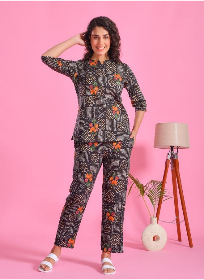 sanskrutihomes Pure Cotton Printed Notch Neck Top and Pyjama Set by Styli  - Image 1