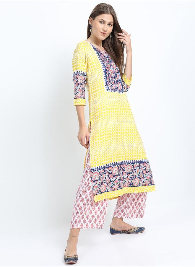 Vishudh - Women Yellow Printed Kurta Set with Dupatta by Styli - Image 1