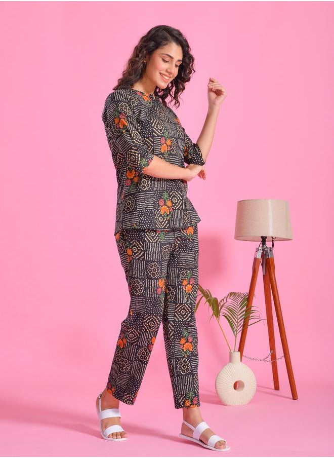sanskrutihomes Pure Cotton Printed Notch Neck Top and Pyjama Set by Styli  - Image 3
