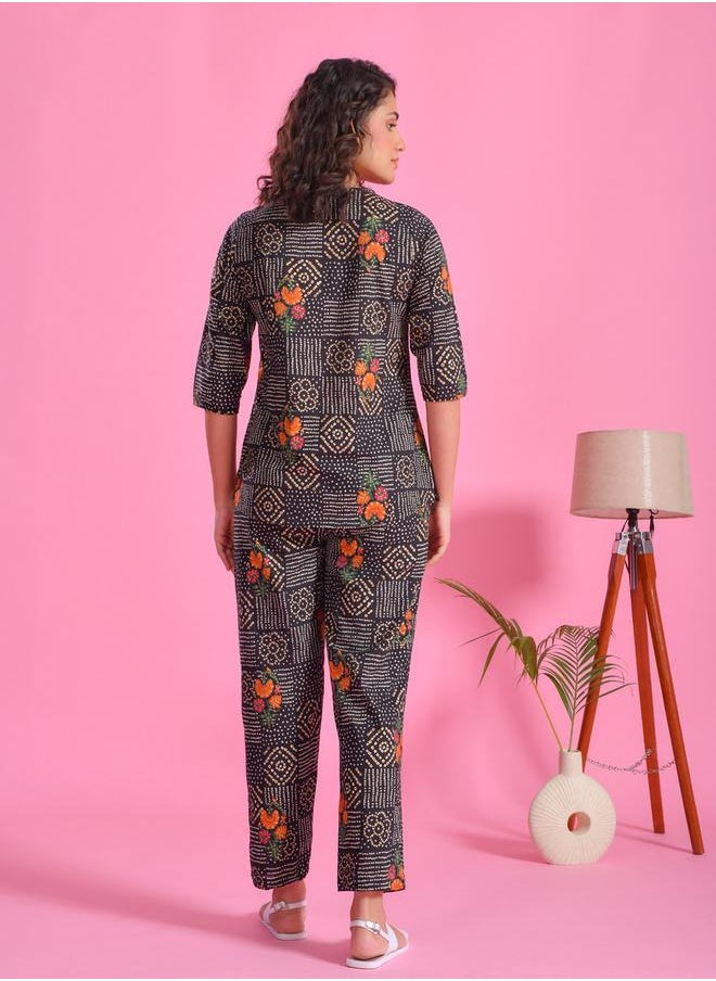 sanskrutihomes Pure Cotton Printed Notch Neck Top and Pyjama Set by Styli  - Image 2