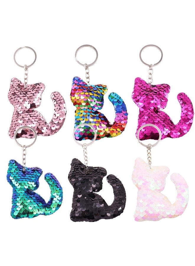 6 Pieces Cat Shaped Keychain with Sequins Fashionable Pendant Keychain Set Ideal for Birthday and More