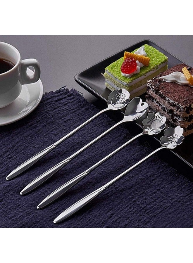 Home-Cloud HomeCloud Golden Spoon Set/Coffee Spoon/Dessert Spoons/Cutlery Kitchen Tableware/Stainless Steel Gold Different Shape Coffee Spoons, Set of 4 Pcs,24 Centimeter (Silver) - Image 1