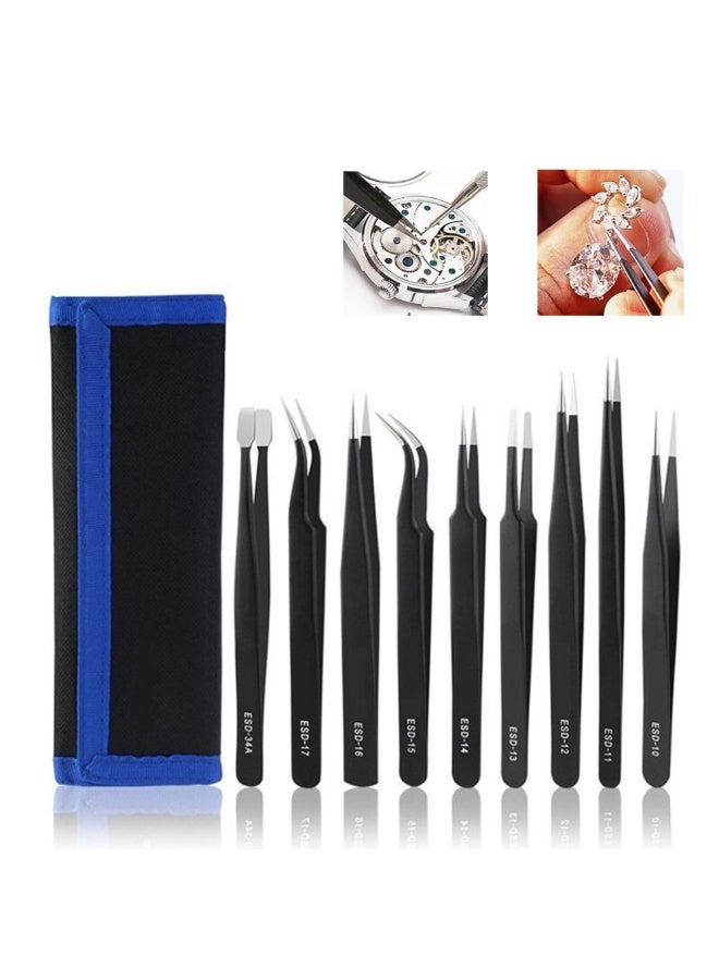 FLOVAZO Precision Stainless Steel Tweezers Set - Anti-Static 9-Piece Kit for Electronics, Jewelry Making, Handicrafts, Soldering & Daily Precision Work - Image 1