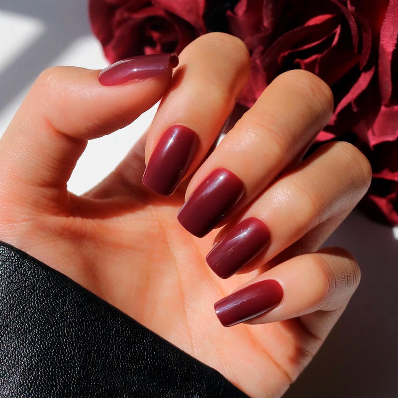 Glamnetic Press On Nails - Cherry Mocha | Dark Red Medium Square Fake Nails with a Glossy Finish, Salon Quality Halloween Nails | 15 Sizes - 30 Nail Kit with Glue - Image 1