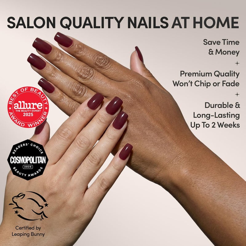 Glamnetic Press On Nails - Cherry Mocha | Dark Red Medium Square Fake Nails with a Glossy Finish, Salon Quality Halloween Nails | 15 Sizes - 30 Nail Kit with Glue - Image 2