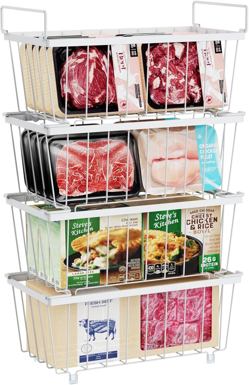 iSPECLE Deep Freezer Organizer Bins - 4 Pack Small Stackable Freezer Baskets for 7 Cu.ft Chest Freezer, Easy Access Food No More Digging, Sturdy Metal Metal Wire Basket Not Scratch Bottom, White - Image 1