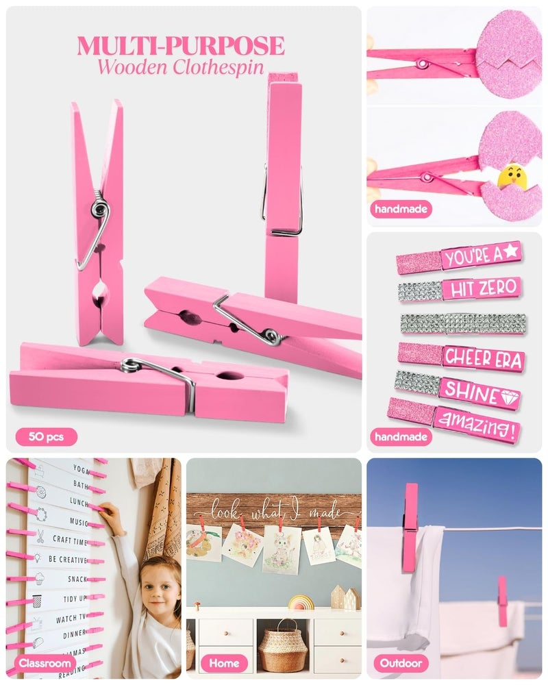 SF SOONEAT Pink Clothes Pins for Baby Shower 2.9" 50 Pack (Colored Clothespins Cheer Pin for Backpacks Decorations Team Games Decorative Crafts Pegs Photos Pictures Decoration Clip Clothing Hanging Closepins) - Image 3