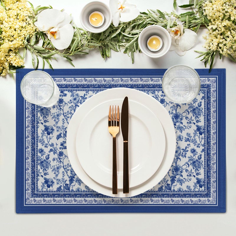Imiss Blue Floral Branches Placemats Set of 4 ï¼Œ12 x 18 Inch Chinoiserie Table Mats Washable Heat Resistant Linen Fabric Rectangle Place Mat for Indoor Outdoor Kitchen Dining Home Decor - Image 3