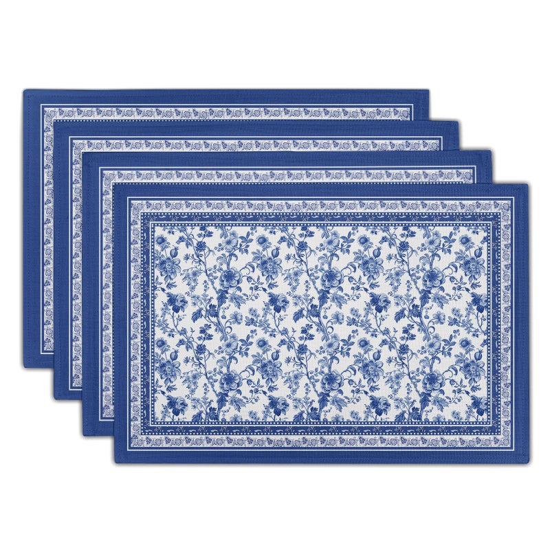 Imiss Blue Floral Branches Placemats Set of 4 ï¼Œ12 x 18 Inch Chinoiserie Table Mats Washable Heat Resistant Linen Fabric Rectangle Place Mat for Indoor Outdoor Kitchen Dining Home Decor - Image 1