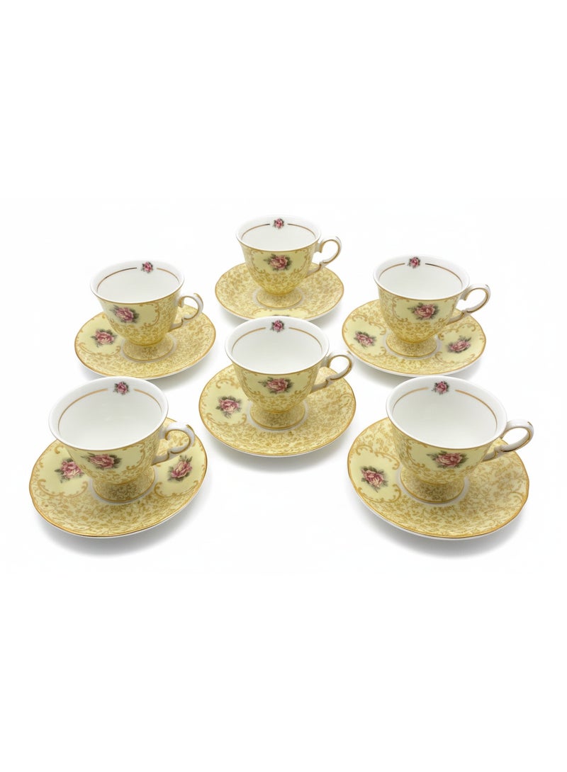 Mayflower 12-Piece Porcelain 110ml Tea Cup & Saucer Set, Yellow Rose Gold Trim - Image 1