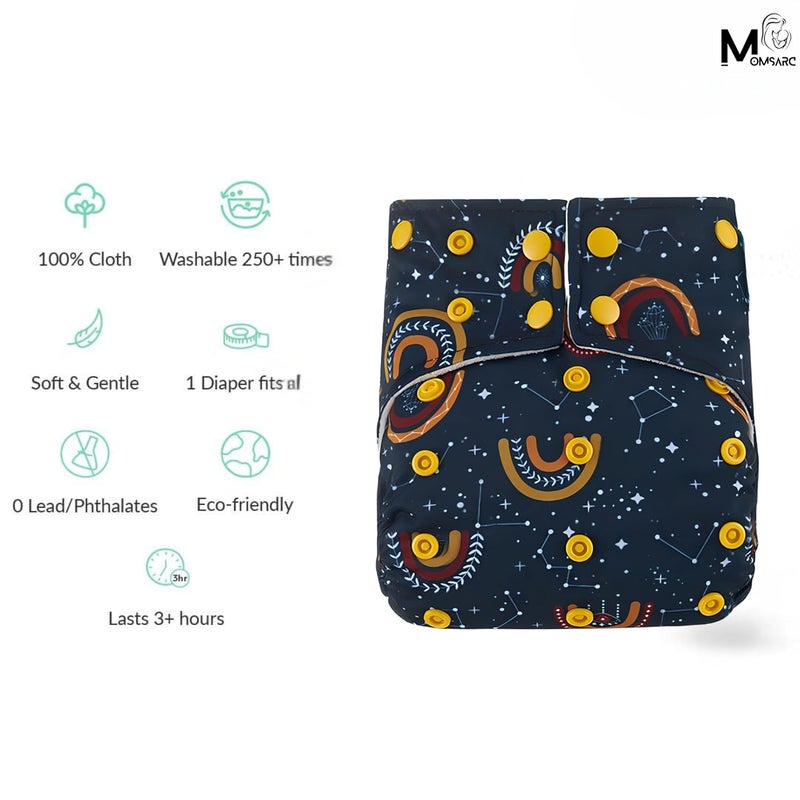 MOMSARC Cotton Printed Cloth Diapers for Babies | High-Absorbent Nappies with Quick Dry Pad + 1 Insert Pad | Adjustable & Washable for 250+ times | (0-3 Years,Dark Blue,Pack of 1) - Image 4