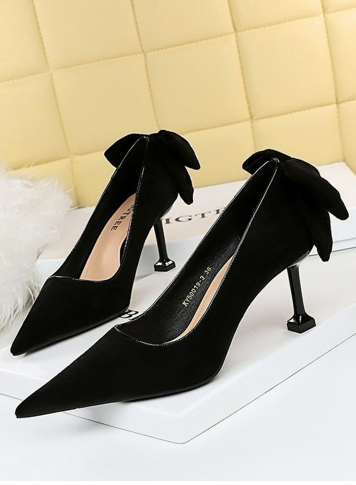 بيج تري Women's Elegant Velour Stiletto Pumps With Bow Knot 5.5 CM Fashion Gorgeous Closed Pointed Toe Slip On Solid High Heels Black