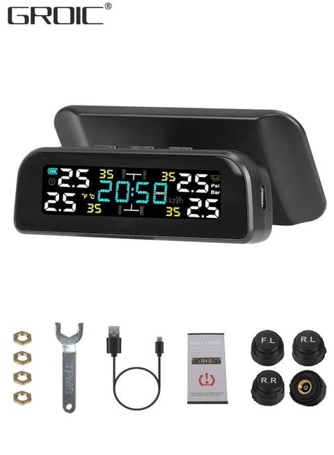 Tire Pressure Monitoring System Wireless Solar TPMS Car Tire Pressure Warning System Auto Tire Pressure Monitor with External Sensors Temperature Alarm for Car SUV Sedan RV
