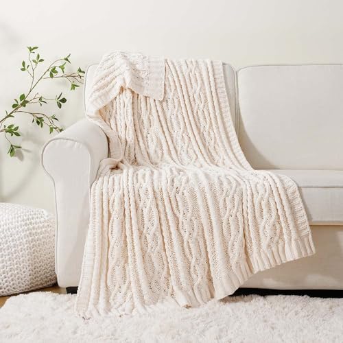 Battilo Cream White Ivory Throw Blanket for Couch, 51x 67 Inch, Woven Chenille Knit Throw Blanket for Chair, Super Soft Warm Decorative Textured Throw Blanket for Bed, Sofa and Living Room. - Image 4