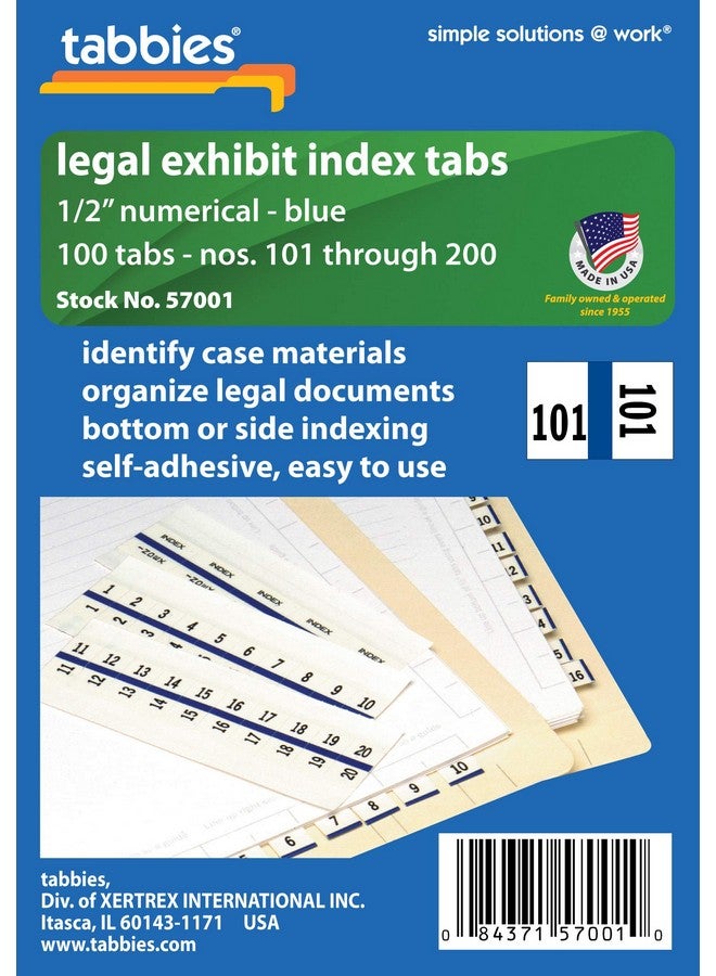 Tabbies Legal Numerical Exhibit Index Tabs, Blue Color Edge, 1/2" Tabs, 100 Tabs/Pack (57000), #101-200 - Image 1