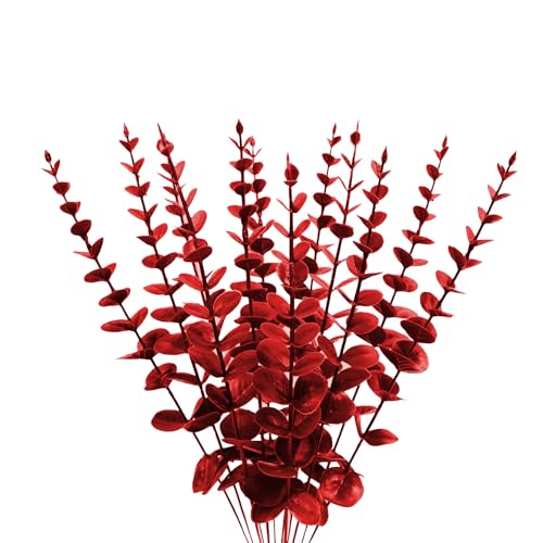 ABAJI ABAJI Plastic Eucalyptus Wine Red Stems 12 PCS Fake Faux Decorations with Artificial Leaves Greenery Plant Leaf Suitable Home Office House Table Desk Decor Wedding Party Vase Forever Live