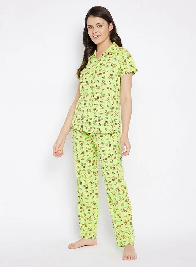 كلوفيا Clovia Donut Print Button Me Up Shirt and Pyjama Set in Light Green - Cotton