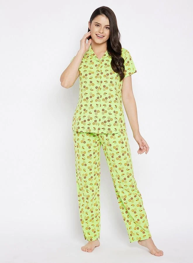 كلوفيا Clovia Donut Print Button Me Up Shirt and Pyjama Set in Light Green - Cotton