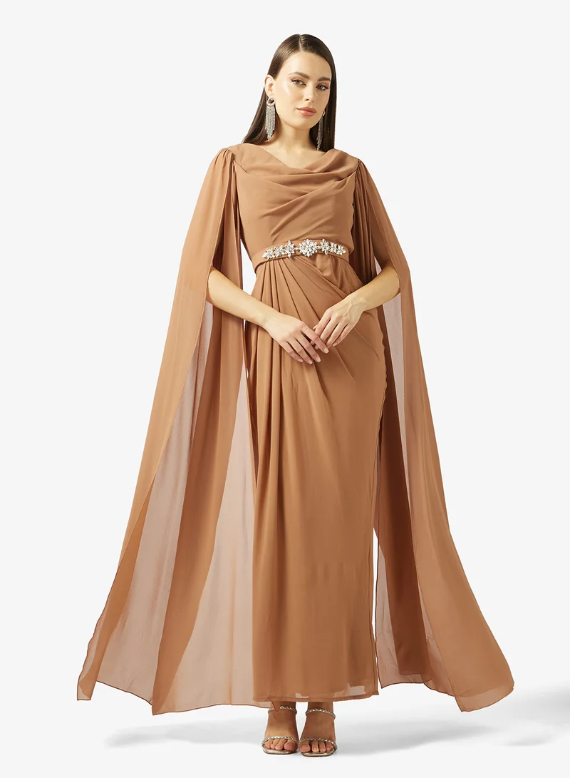 Namshi x Draped Cape Detail Dress with Rhinestone Belt