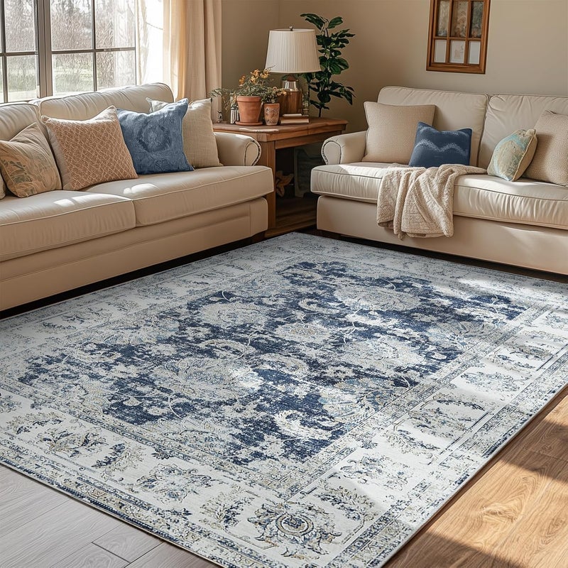 jinchan Area Rug 213x152CM Persian Vintage Carpet Dark Blue Chenille Floral Print Thin Mat Indoor Foldable Lightweight Floor Cover Non Slip Bathroom Kitchen Living Room Bedroom - Image 1