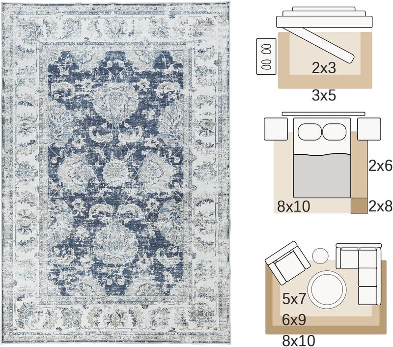 jinchan Area Rug 213x152CM Persian Vintage Carpet Dark Blue Chenille Floral Print Thin Mat Indoor Foldable Lightweight Floor Cover Non Slip Bathroom Kitchen Living Room Bedroom - Image 2