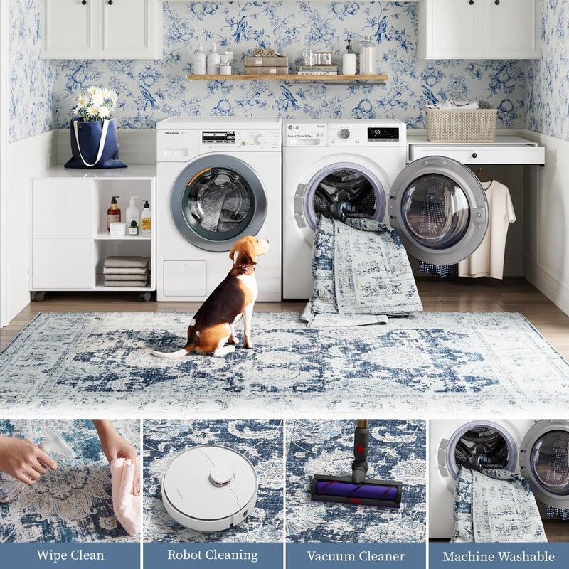 jinchan Area Rug 213x152CM Persian Vintage Carpet Dark Blue Chenille Floral Print Thin Mat Indoor Foldable Lightweight Floor Cover Non Slip Bathroom Kitchen Living Room Bedroom - Image 5