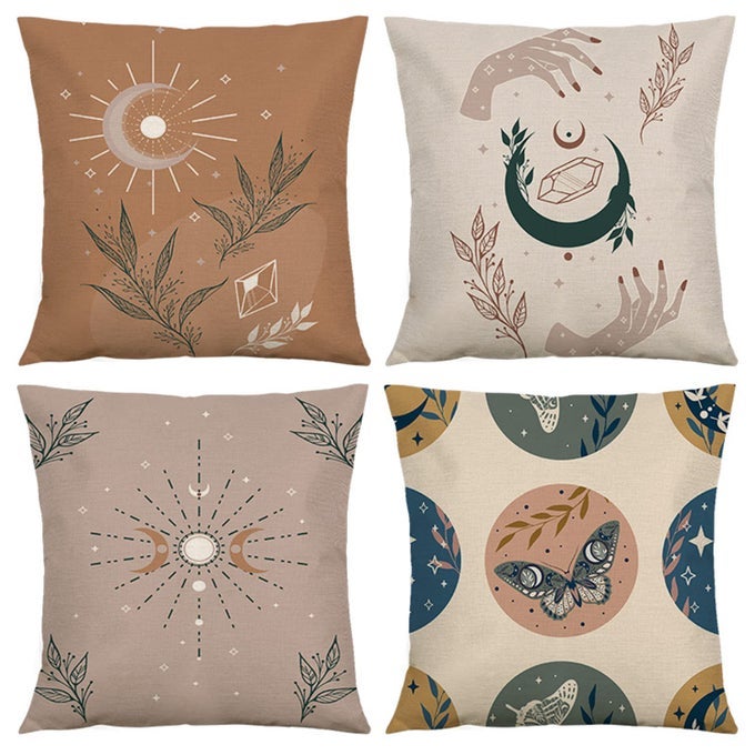 BOHO ABSTRACT THROW PILLOW COVERS 18X18 SET OF 4 SUN AND MOON PHASE MOTH BUTTERFLY CRYSTAL HAND LINEN SQUARE PILLOW CUSHION CASES MODERN HOME DECOR