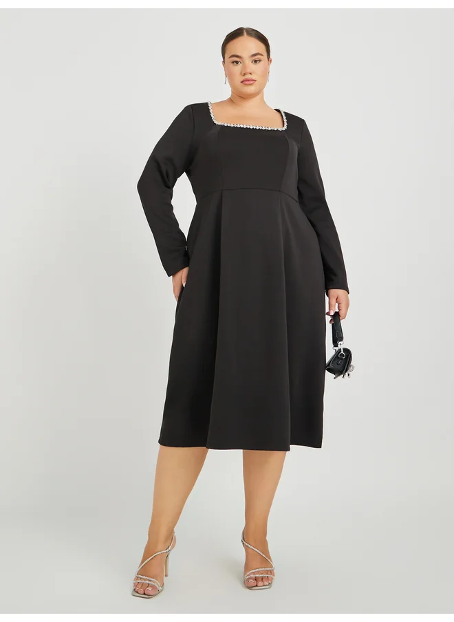ستايلي Styli Plus Size Embellished Square Neck Pleated Midi Dress