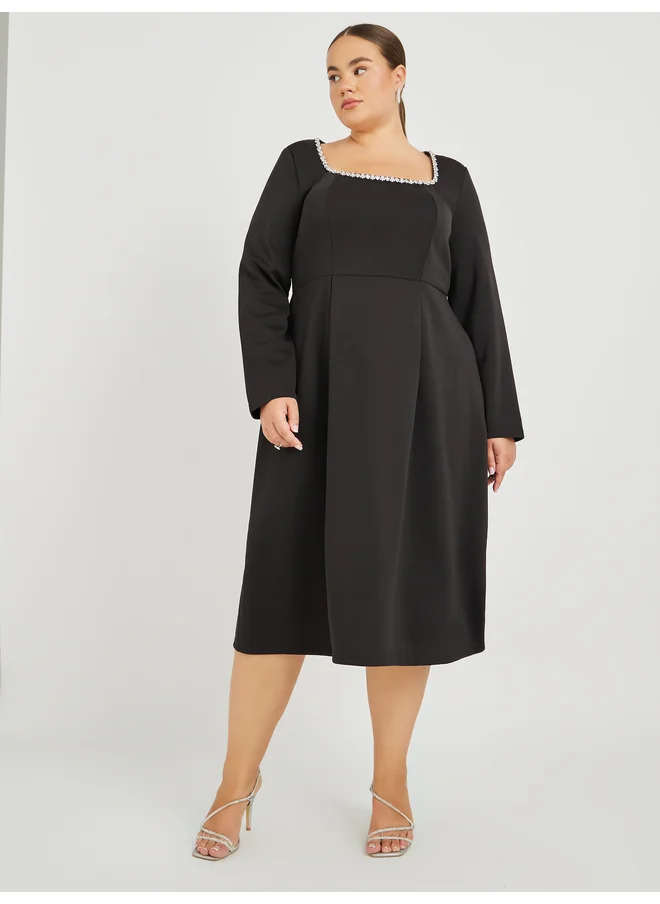 ستايلي Styli Plus Size Embellished Square Neck Pleated Midi Dress