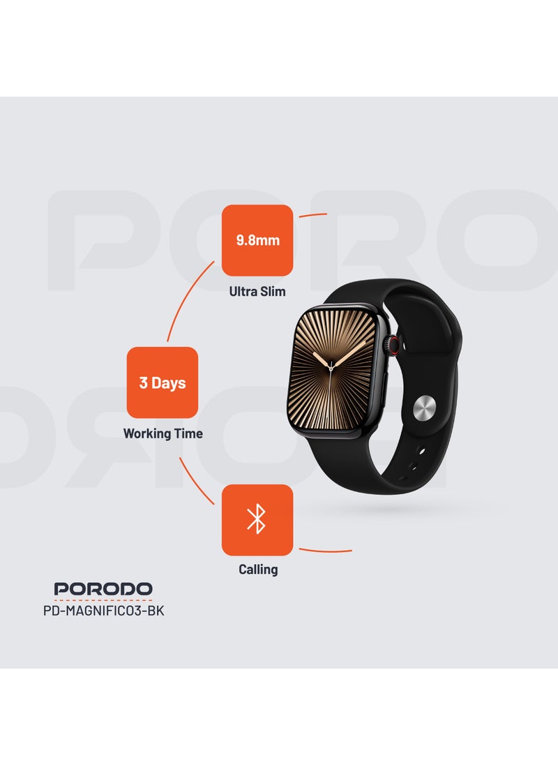 porodo - Magnifico 3 Smart Watch 2" HD Smart Watch with Black Dial & Dual Straps / Calling / 128Mb Flash Memory / Up to 5 Days Working Time / V5.3 Bluetooth / Activity Tracker / Health Monitoring / HD Display / Ultra Slim - Black - Image 1