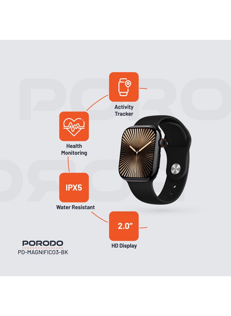 porodo - Magnifico 3 Smart Watch 2" HD Smart Watch with Black Dial & Dual Straps / Calling / 128Mb Flash Memory / Up to 5 Days Working Time / V5.3 Bluetooth / Activity Tracker / Health Monitoring / HD Display / Ultra Slim - Black - Image 1