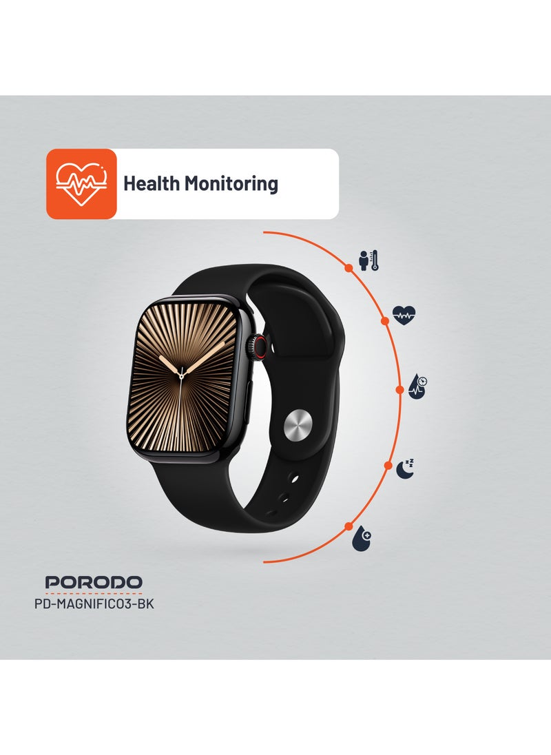 porodo - Magnifico 3 Smart Watch 2" HD Smart Watch with Black Dial & Dual Straps / Calling / 128Mb Flash Memory / Up to 5 Days Working Time / V5.3 Bluetooth / Activity Tracker / Health Monitoring / HD Display / Ultra Slim - Black - Image 1