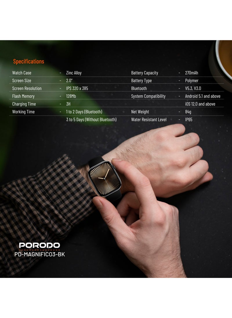 porodo - Magnifico 3 Smart Watch 2" HD Smart Watch with Black Dial & Dual Straps / Calling / 128Mb Flash Memory / Up to 5 Days Working Time / V5.3 Bluetooth / Activity Tracker / Health Monitoring / HD Display / Ultra Slim - Black - Image 1