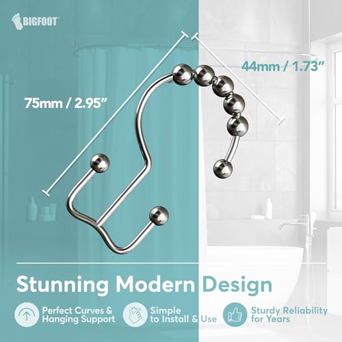 BIG FOOT BigFoot Shower Curtain Hooks - 12 Rust-Resistant Stainless Steel Double Hooks, Easy Glide & Secure Hold, Fits Any Shower Curtain Rod, Rings Hold Liners & Curtains, Nickel Color - Image 3