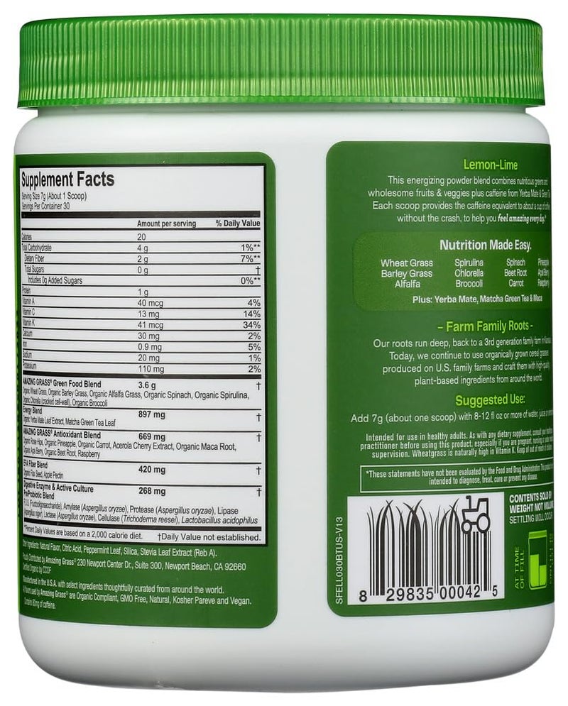 Amazing Grass Energy Green Superfood Lemon Lime Flavor, 7.4-Ounce Tub - Image 3
