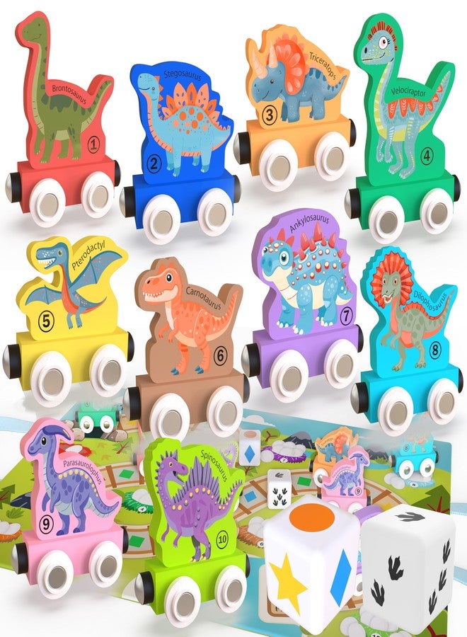ORBRIUM 23-Piece Dinosaur Train Set - STEM Toy & Educational Game with Wooden Train Cars, Dice, Shapes & Colors - Montessori Learning Toy for Kids 3-6 - Game Mat Bag - Fits Wooden Railway Tracks - Image 1