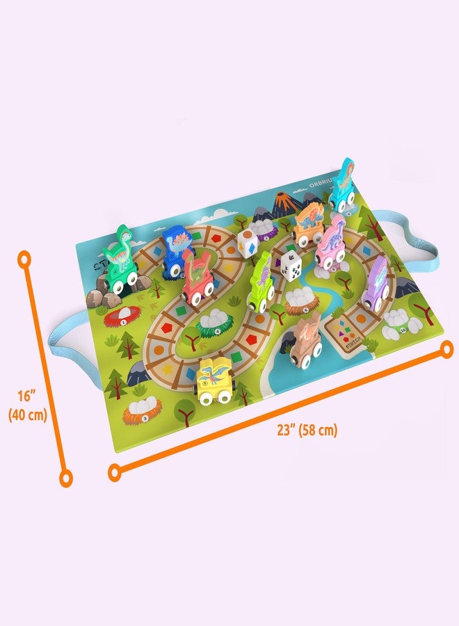 ORBRIUM 23-Piece Dinosaur Train Set - STEM Toy & Educational Game with Wooden Train Cars, Dice, Shapes & Colors - Montessori Learning Toy for Kids 3-6 - Game Mat Bag - Fits Wooden Railway Tracks - Image 4
