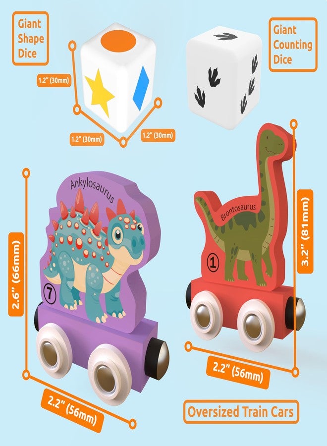 ORBRIUM 23-Piece Dinosaur Train Set - STEM Toy & Educational Game with Wooden Train Cars, Dice, Shapes & Colors - Montessori Learning Toy for Kids 3-6 - Game Mat Bag - Fits Wooden Railway Tracks - Image 5