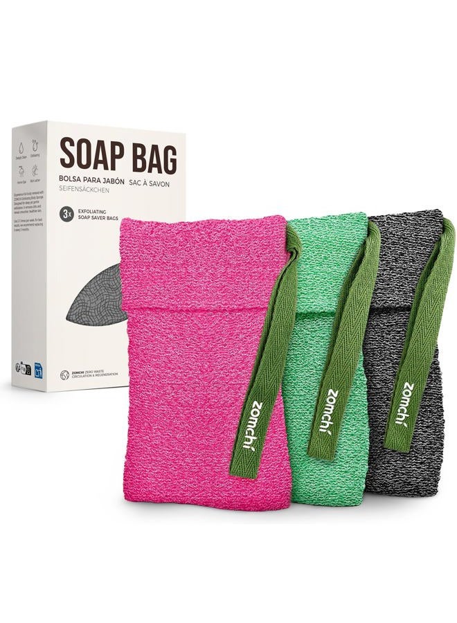 zomchi 3 Pack Exfoliating Soap Bag, Body Scrubber Sponge, Soap Savers for Bar Soap, Soap Bar Pouch for Deep Exfoliation - Image 1