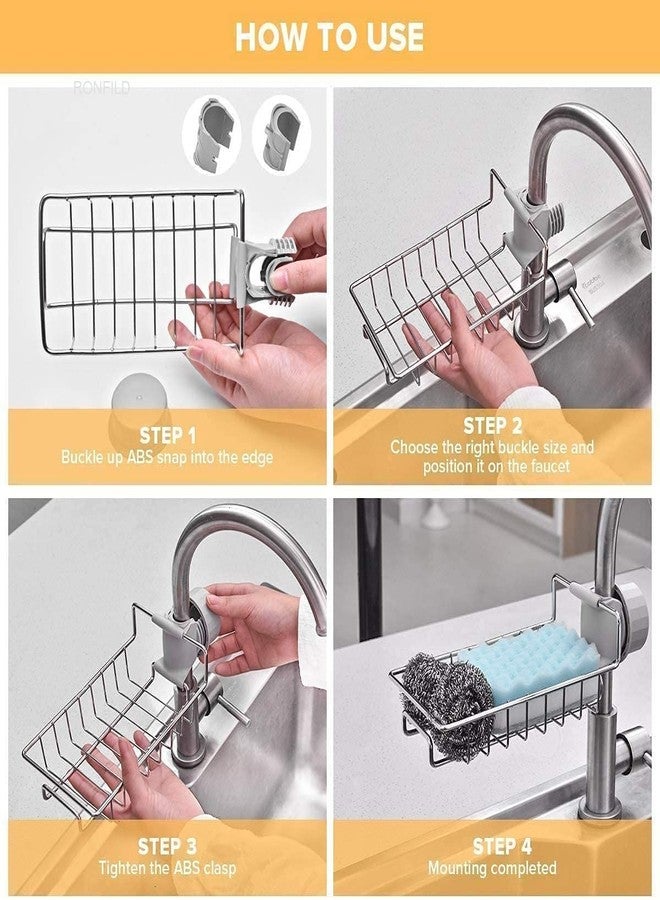 RONFILD Kitchen Sink Caddy Organizer Over Faucet Sponge Holder, Stainless Steel Heavy Duty Thickening Hanging Faucet Drain Rack for Scrubbers, Soap, Bathroom, Detachable No Suction Cup or Magnet - Image 5