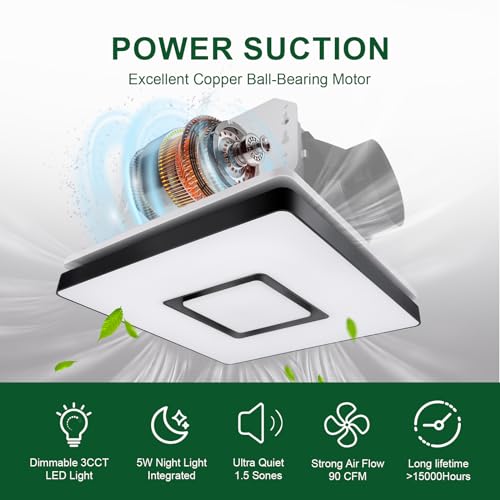 Akicon Bathroom Exhaust Fan with Light, 90 CFM, 1.5 Sones Bath Celing Fan Light Combo, 15W Dimmable 3CCT LED Light with 5W Night Light Ventilation fan for Home, Square, Black - Image 3