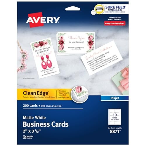 Avery Clean Edge Printable Business Cards with Sure Feed Technology, 2" x 3.5", White, 200 Blank Cards for Inkjet Printers (08871) - Image 1