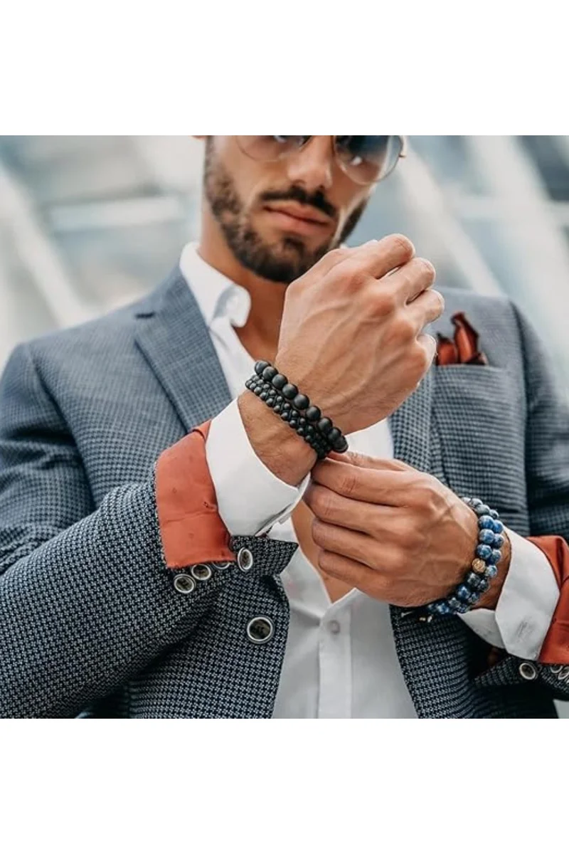 لونورا خرز العقيق الأسود سوار خرز من الحجر الطبيعي مصنوع يدويًا – سوار للرجال، سوار رجالي، هدية للرجال، أساور للرجال – قابل للتعديل بمقاس واحد للجميع