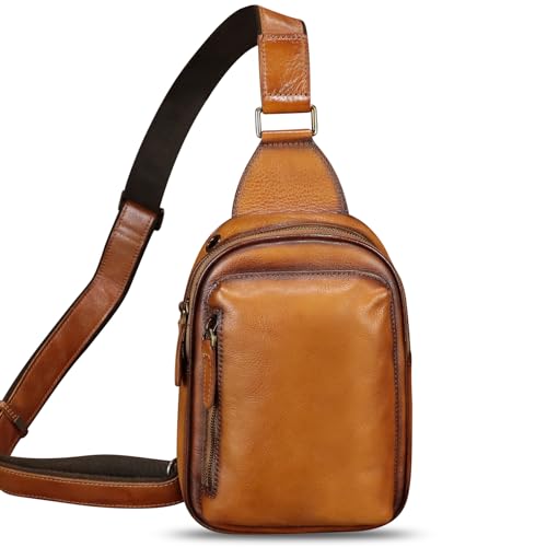 LRTO Genuine Leather Small Sling Bag Fanny Pack Multifunction Travel Pouch Hiking Crossbody Bag Multiple Pockets Purse for Running and Cycling Brown - Image 3