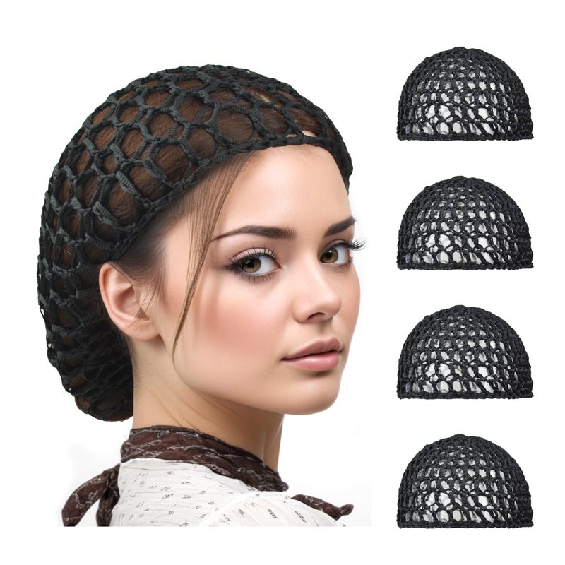 4 Pieces Black Hair Nets Cap Mesh Crochet Hair Net Sleeping Hairnet Rayon Knit Snood Mesh Wig Caps for Womens Keep Curls Hair Sleeping