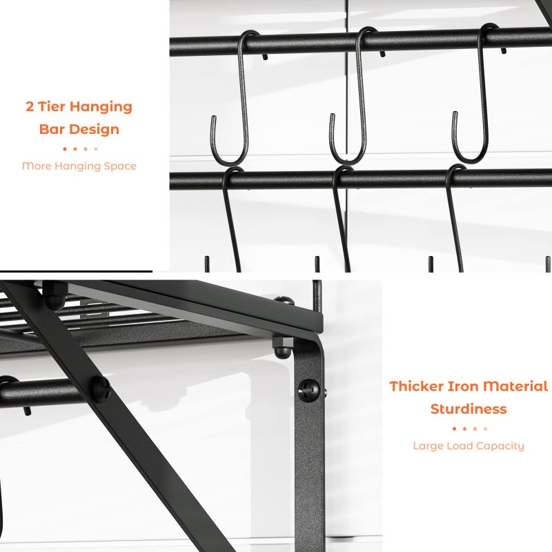 OROPY 31 Inch Wall Mounted Pot Rack Storage Shelf with 2 Tier Hanging Rails 14 S Hooks included, Ideal for Pans, Utensils, Cookware - Black - Image 4