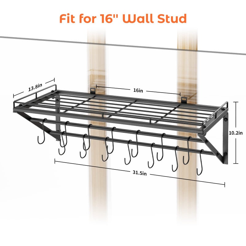 OROPY 31 Inch Wall Mounted Pot Rack Storage Shelf with 2 Tier Hanging Rails 14 S Hooks included, Ideal for Pans, Utensils, Cookware - Black - Image 5