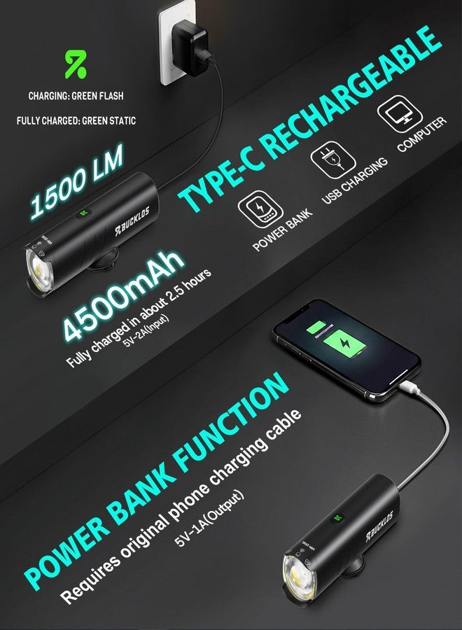 BUCKLOS Bike Lights for Night Riding, Ultra Bright 1500 Lumens, 5 Modes Bike Light, USB Rechargeable Bicycle Lights with Rotatable Lens, IP66 Waterproof Bike Headlight, 4500mAh Bike Front Light - Image 5