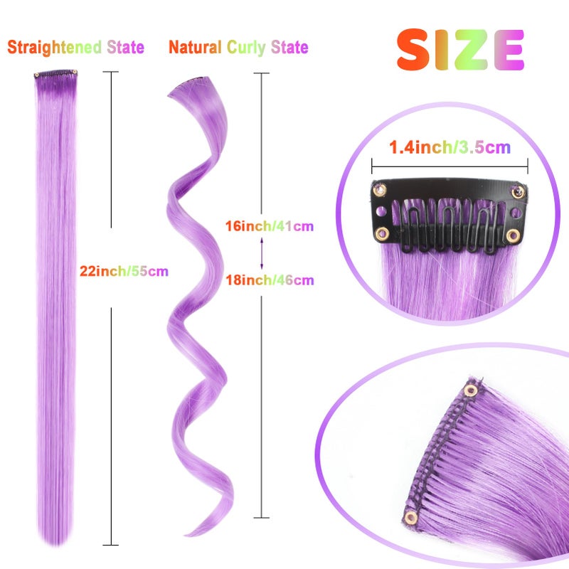 Olldag 12 PCS Colored Hair Extensions for Kids, Curly Wavy Synthetic Hairpieces Clip in Rainbow Neon Party Highlights, Colorful Hair Accessories for Girls Women 17 Inch (Multi-color Set) - Image 3